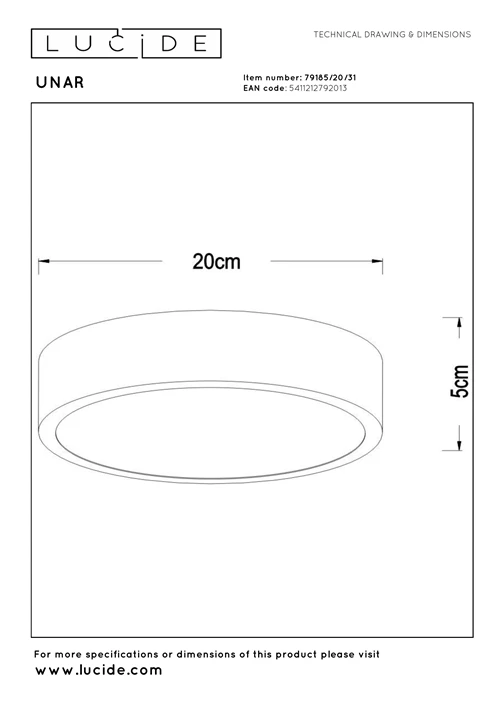Lucide UNAR - Lámpara de techo - Ø 20 cm - LED 3 StepDim - 1x12W 2700K - Blanco - técnico
